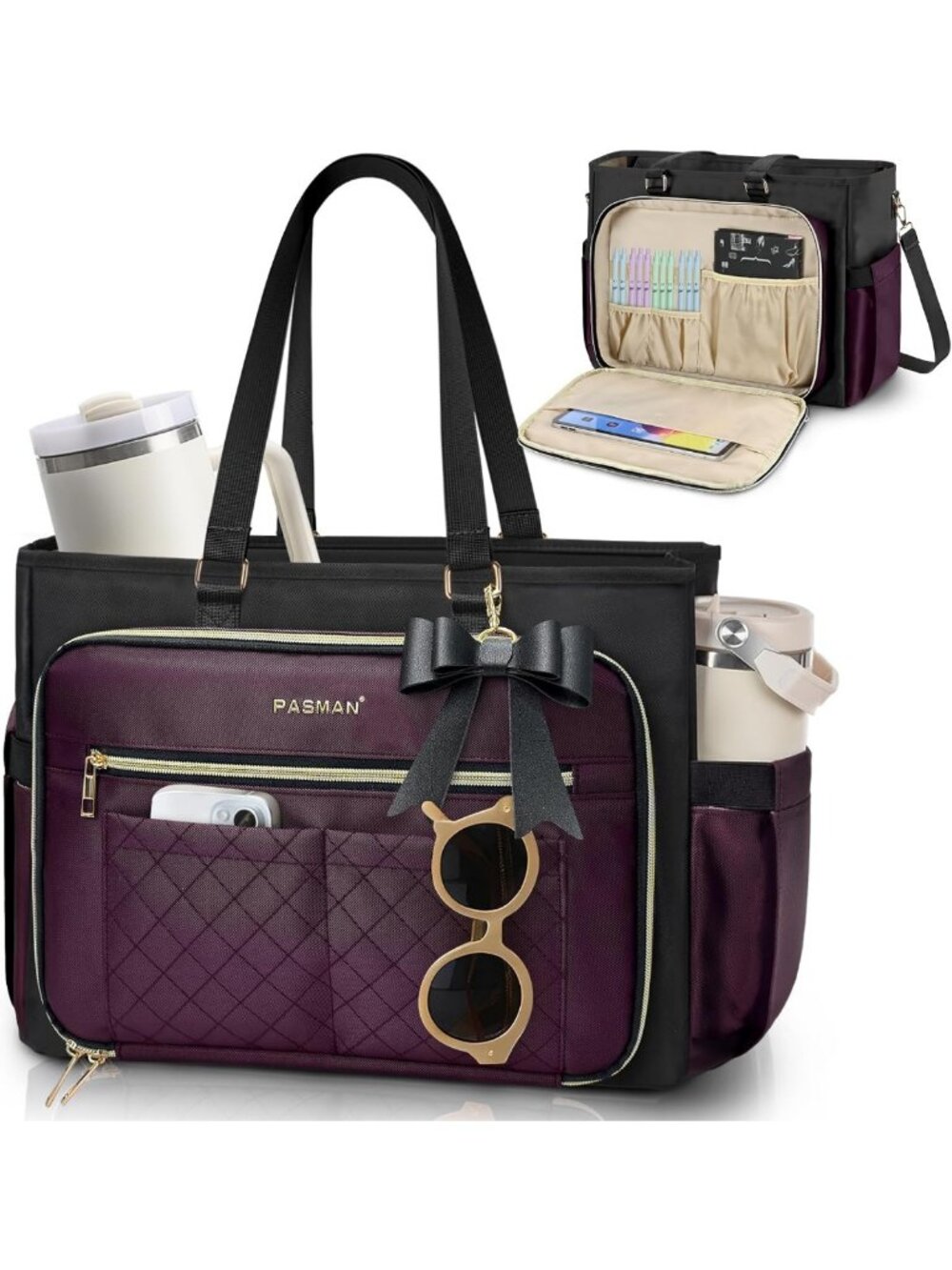 Stylish Teacher Tote Bag - Structured Laptop Carrier with Cup Holder for Women